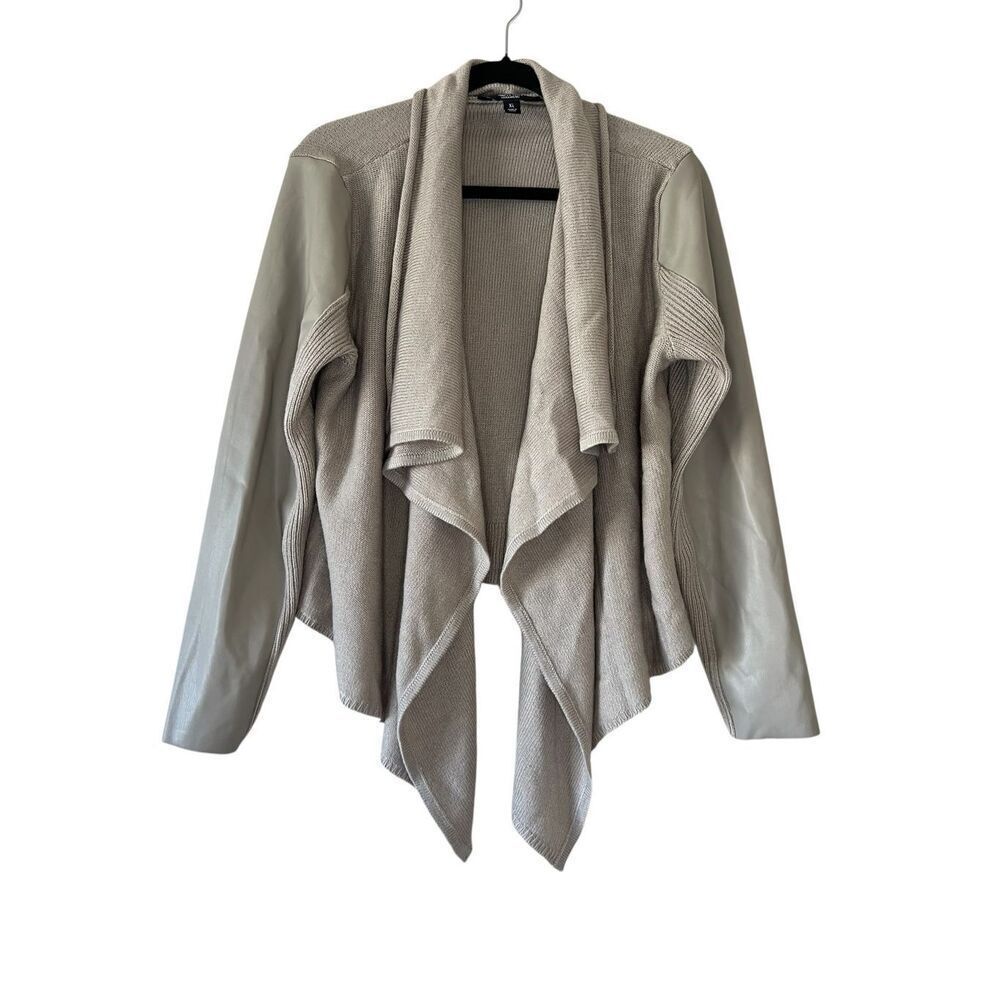 Simply Vera-Vera Wang Open Cardigan XL, Beige, Faux Leather Sleeve Patch
